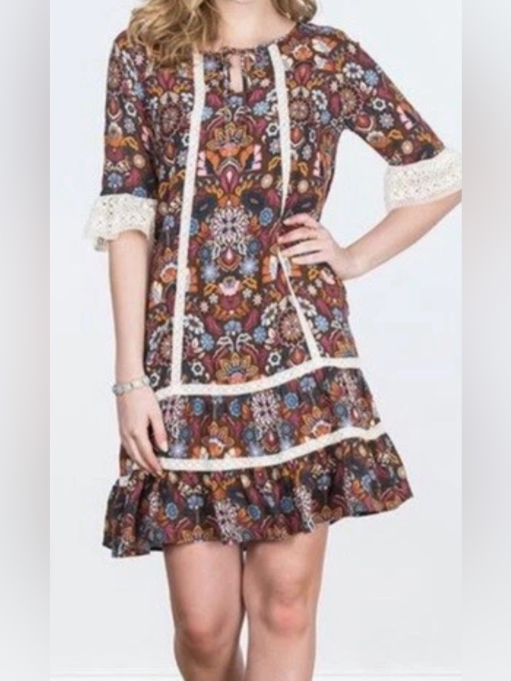 Matilda Jane Womens Intermission Brown White Lace Floral Boho Shift Dress Sz S